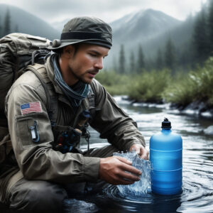 Survivalist filling water bottle