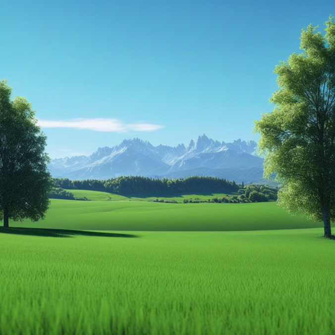 a green field with trees and mountains in the background with a blue sky